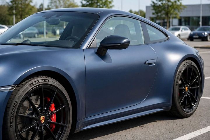 Après : portière de Porsche 911 bleu mat redressée par débosselage sans peinture, tôle lisse et peinture d'origine conservée