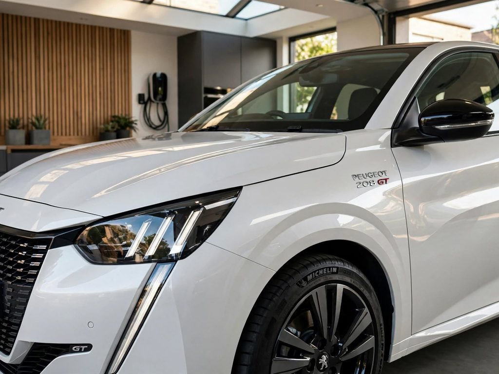 Citadine blanche à la carrosserie impeccable dans un garage, prête à être revendue au meilleur prix de l'argus