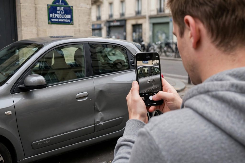 Automobiliste photographiant une bosse de portière au smartphone, panneau Rue de la République à Montreuil (93), pour un devis de débosselage à domicile