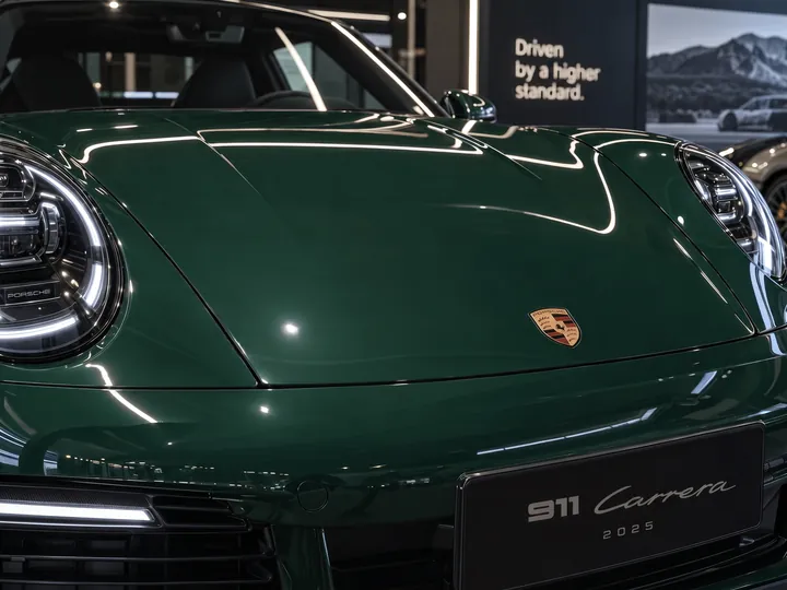 Après : capot de Porsche 911 redressé par débosselage sans peinture, tôle lisse, aucune trace de repeinture