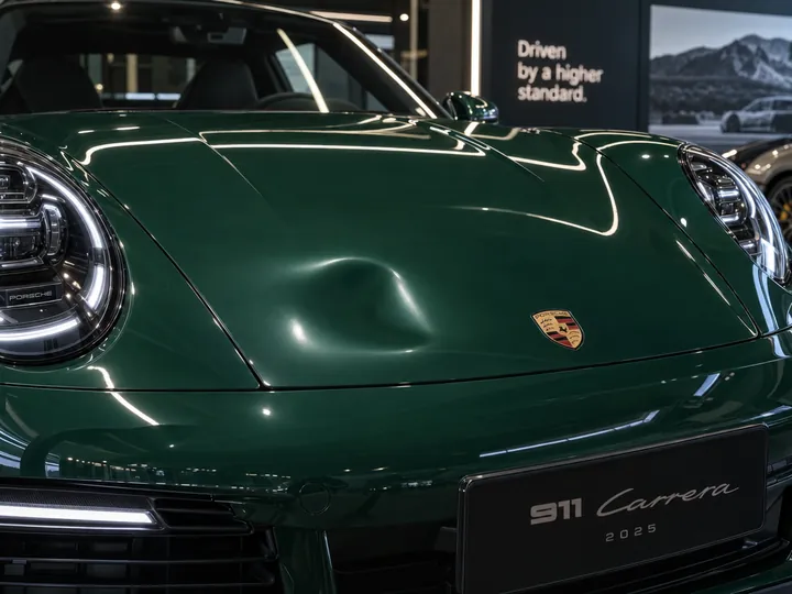 Avant : bosse marquée sur le capot d'une Porsche 911, véhicule d'occasion premium en préparation à la vente