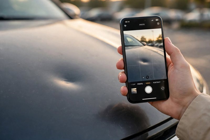 Volkswagen Golf 8, bosse sur le capot examinée au smartphone lors du diagnostic, lumière rasante sur un parking