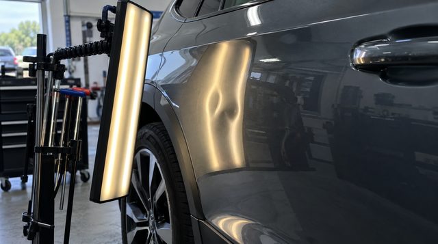Diagnostic d'une bosse sur l'aile avant d'un SUV gris anthracite à la lampe LED de contrôle, en atelier de débosselage sans peinture en Île-de-France