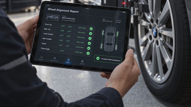 Rapport de géométrie lu sur tablette numérique par un technicien, capteur de diagnostic parallélisme fixé sur la roue de la voiture