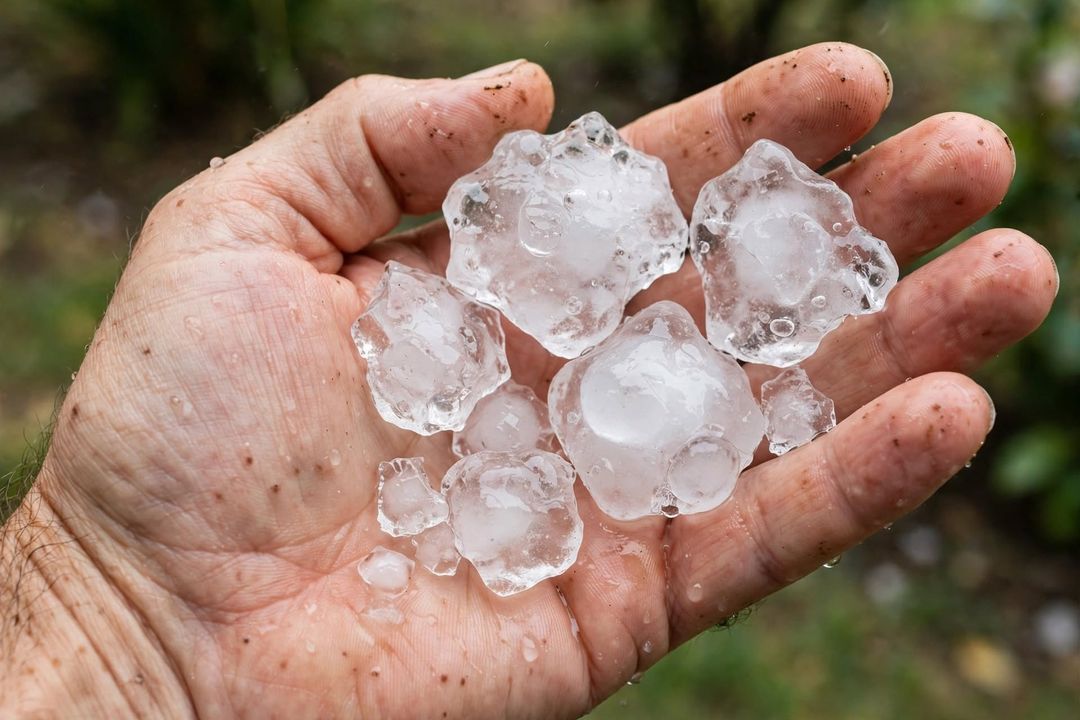 Grêlons ramassés à la main après un orage de grêle en Île-de-France