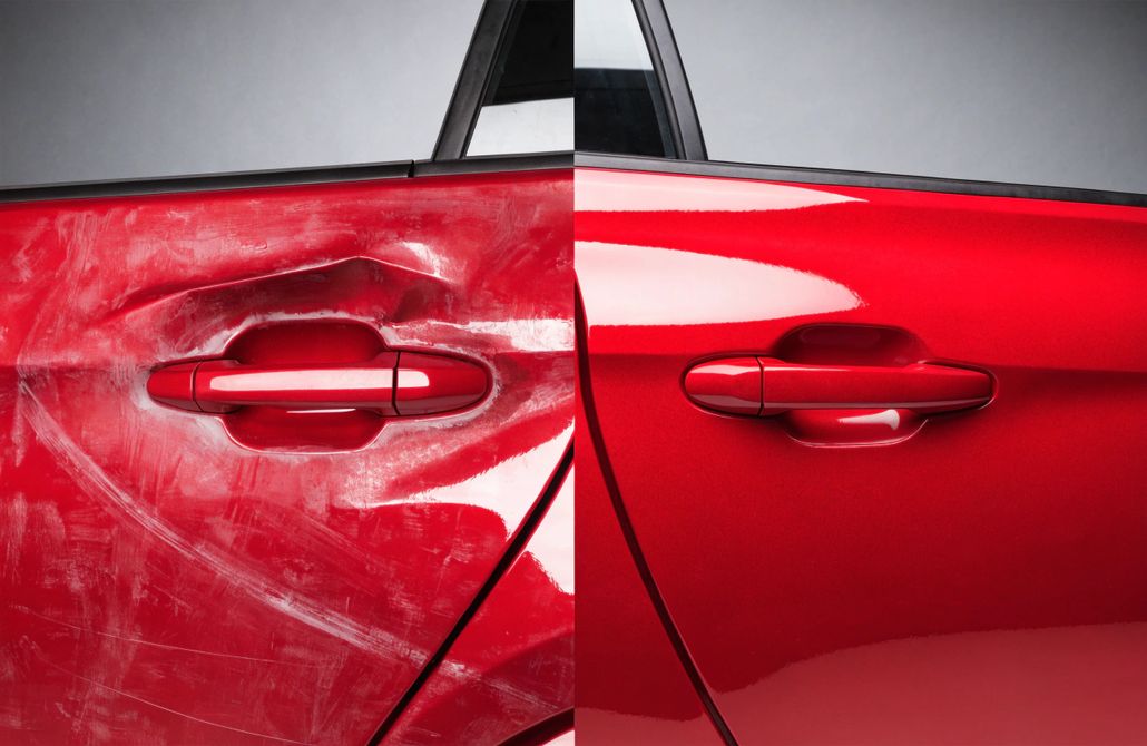 Comparaison visuelle d'une portière de voiture rouge avant et après débosselage sans peinture