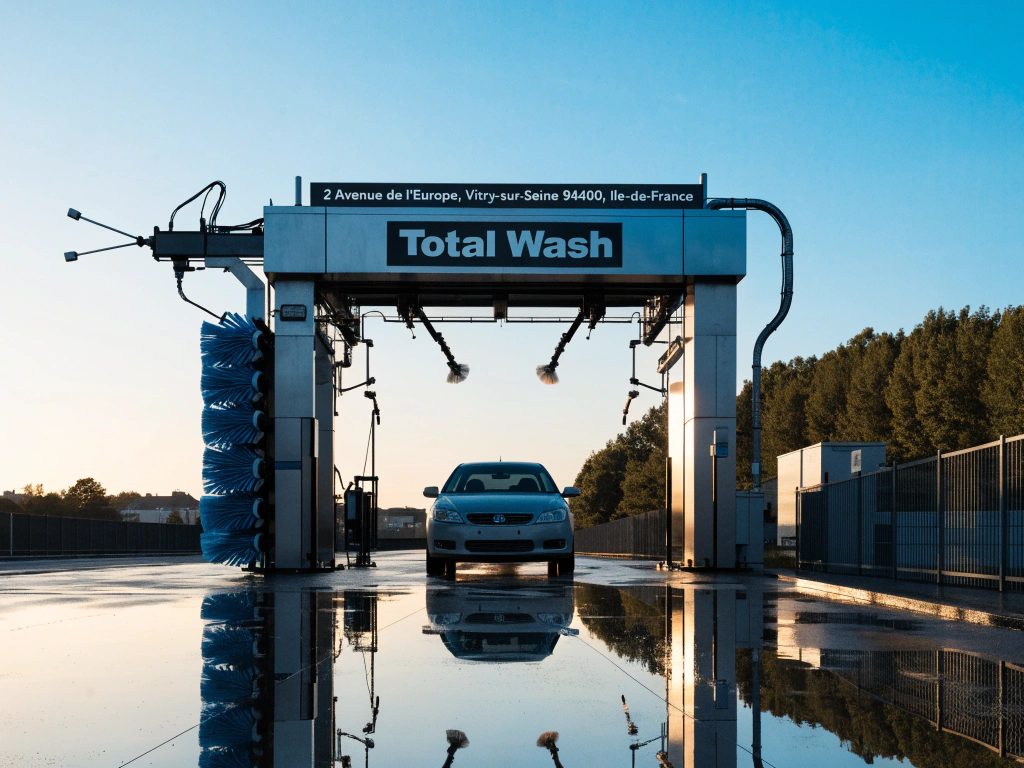 Lavage à la main d'une voiture rouge à l'éponge, mousse savonneuse sur toute la carrosserie