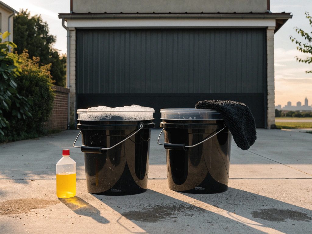 Deux seaux de lavage avec grilles de gouttière, eau savonneuse mousseuse et eau de rinçage, devant un garage