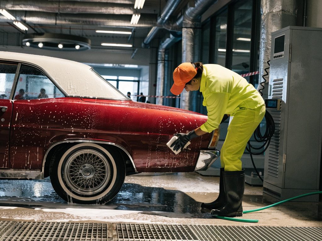 Nettoyage extérieur d'une voiture rouge à l'éponge et à l'eau savonneuse, mousse sur la carrosserie