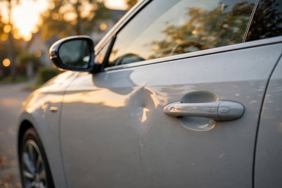 Bosse standard sur portière de voiture avant intervention de débosselage sans peinture