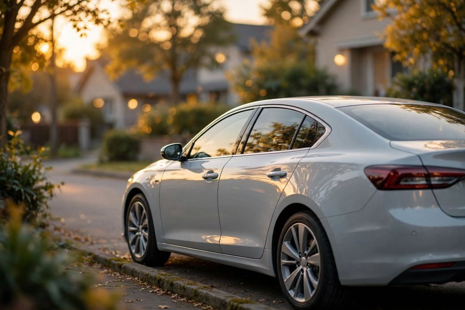 Berline garée au coucher du soleil dans un quartier résidentiel : l'esprit tranquille du Pass Zen Bosses, carrosserie d'origine conservée