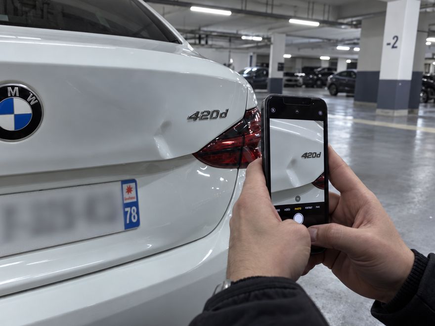 Photographier une bosse de coffre avec son smartphone pour l'envoyer par WhatsApp et recevoir un devis : BMW Série 4 blanche dans un parking en Île-de-France