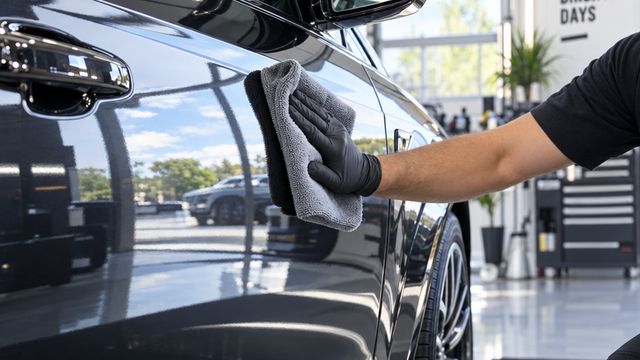 Gant en microfibre lustrant la peinture noire au reflet miroir d'une berline, atelier de polissage carrosserie professionnel et lumineux