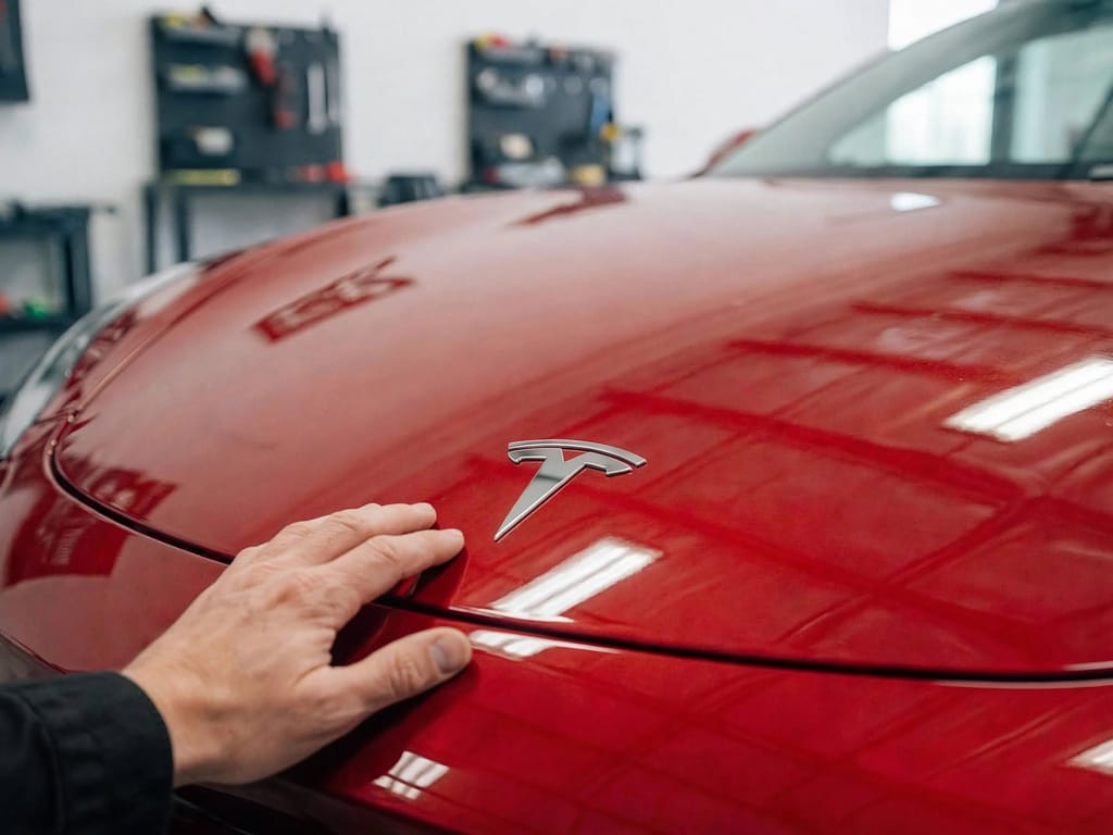 Après : capot Tesla Model 3 restauré en 45 minutes, main de l'artisan contrôlant la tôle redressée