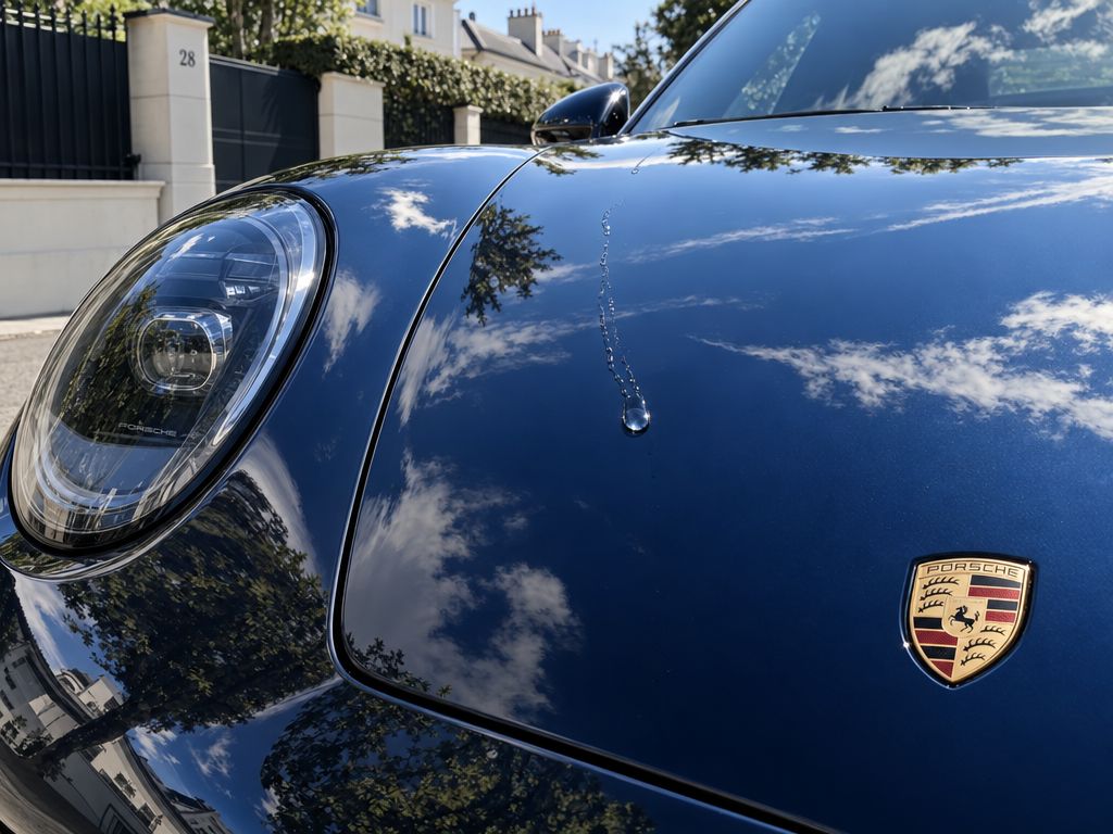 Gros plan au soleil d'une Porsche 911 bleu nuit : la peinture d'origine parfaitement conservée ne montre aucun écart de teinte après débosselage sans peinture